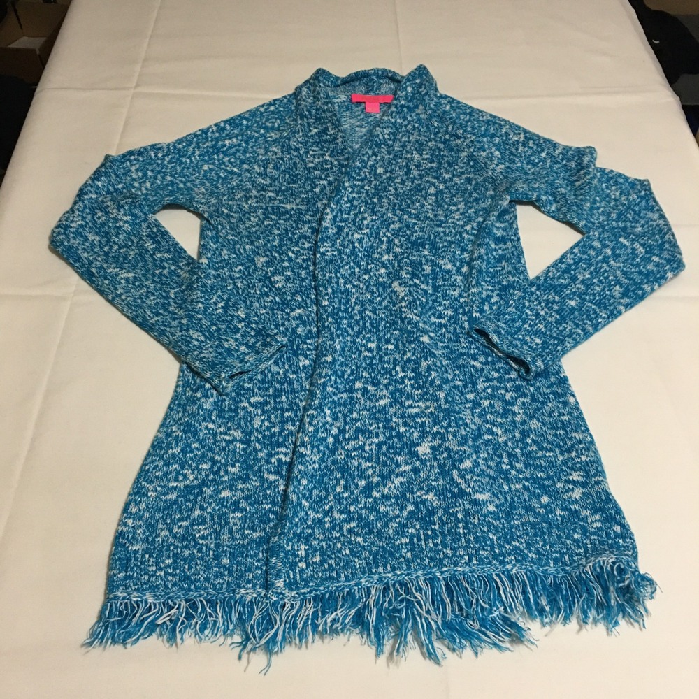 Lilly Pulitzer Cardigan Sweater Womens Small Blue White Fringe Open Front